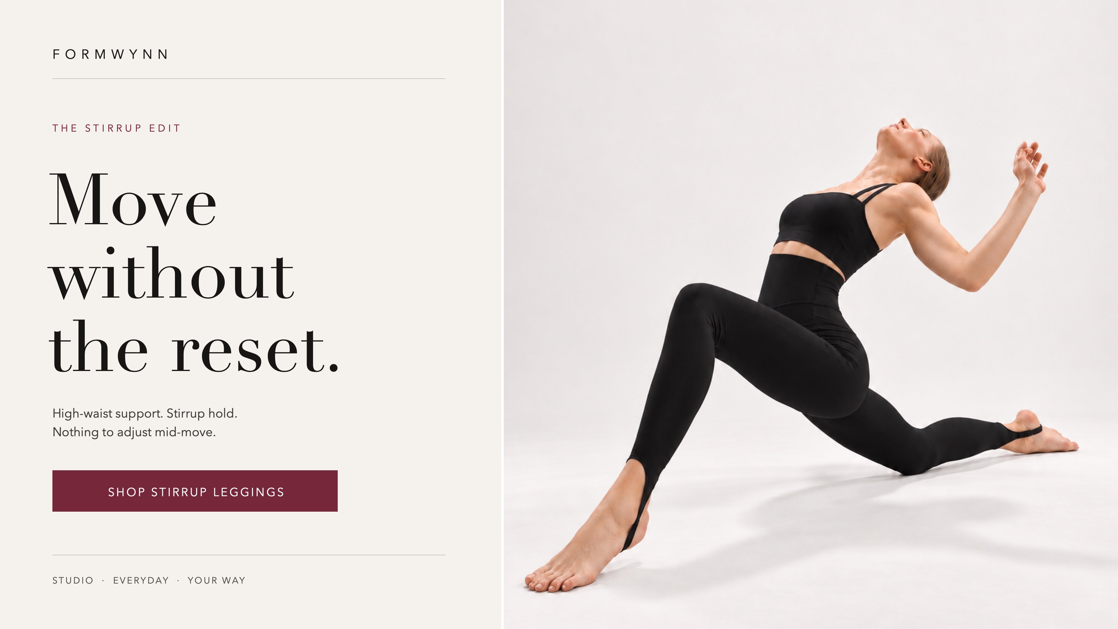 Woman moving in Formwynn black sports bra and black stirrup leggings