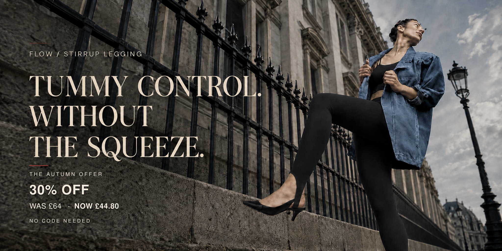 Model wearing black StayForm Tummy Control Stirrup Leggings during the FORMWYNN Autumn Offer.
