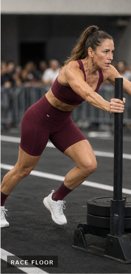 Athlete driving a sled on the race floor in a Burgundy Formwynn set