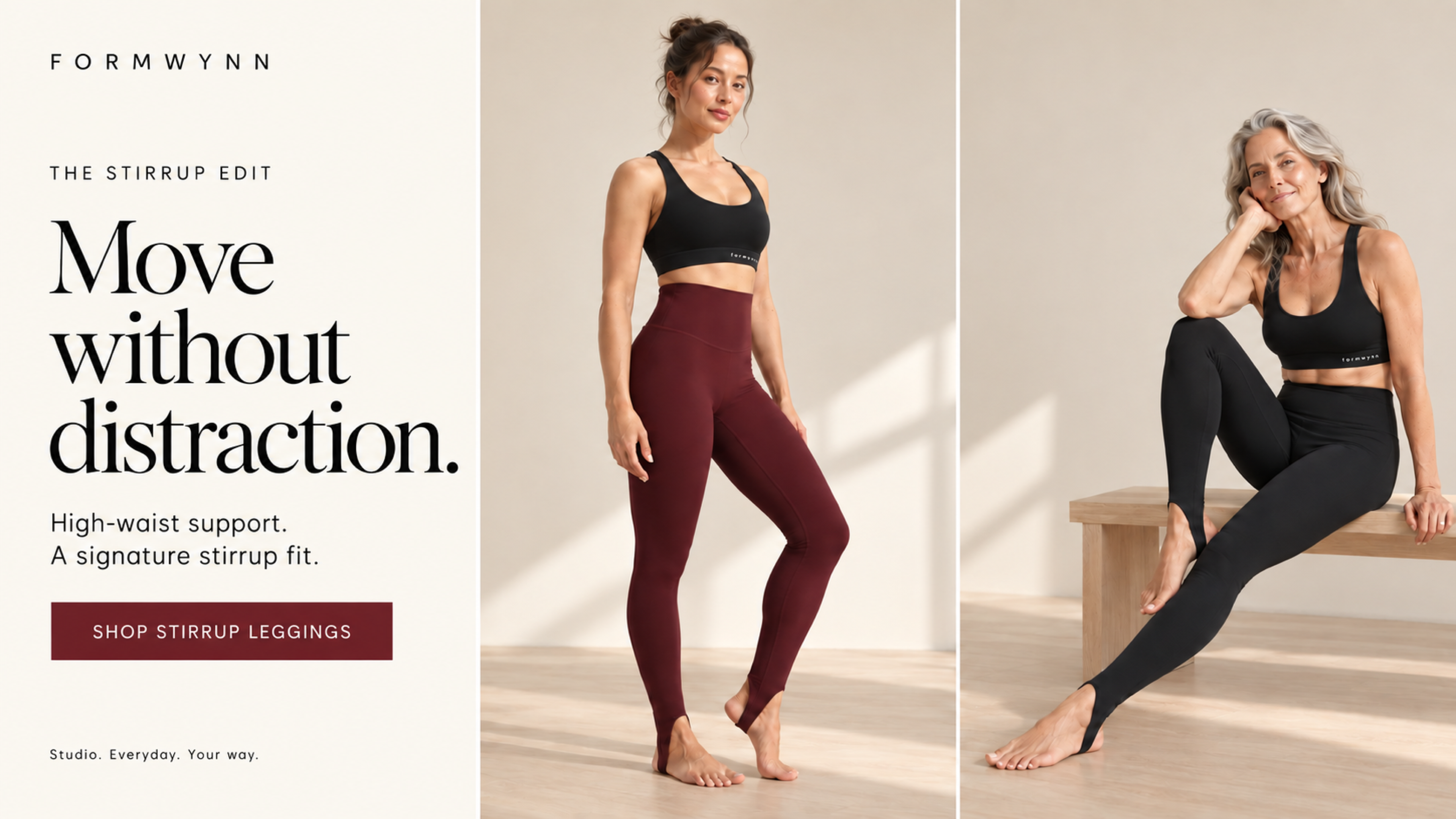 Two women wearing Formwynn black sports bras and burgundy and black stirrup leggings